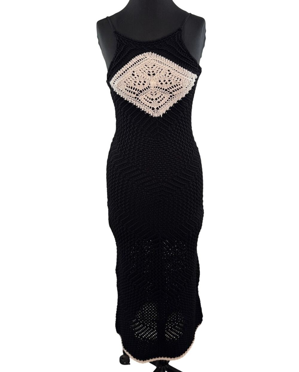 ZARA Black White Crochet Maxi Dress Halter Neck Sleeveless Size Small S BLOGGER